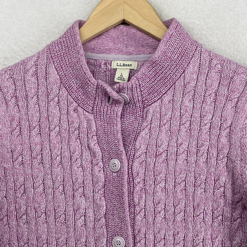 LL BEAN Cardigan Womens L Sweater Button Up Ribbed Cable Knit Cotton Purple - Picture 3 of 11